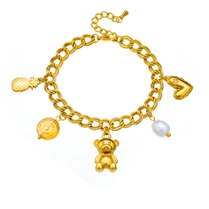 Bracelet double rang en acier inoxydable doré avec breloques ours, cœur et perles