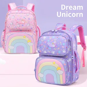 Girls School Backpack Pencil Case Handbag Waterproof Polyester Ergonomic Reflective Cartoon Unicorn Rainbow Primary