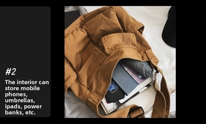 Detail view of canvas messenger bag showing large capacity for iPad and umbrella
