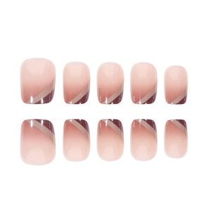 French gradient press-on nails with pink to deep red ombre design and light diagonal stripes