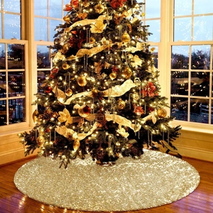 Sparkling gold sequin Christmas tree skirt base decoration for festive holiday home setup