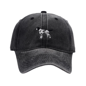 Distressed cotton baseball cap featuring detailed puppy embroidery on a charcoal crown