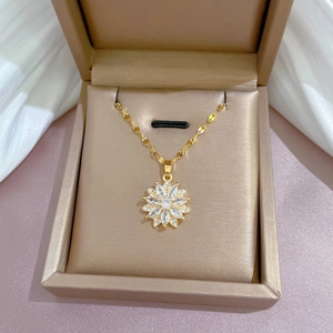 Elegant gold titanium steel flower pendant necklace with clear cubic zirconia crystals