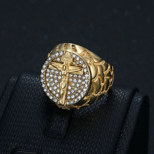 Hip hop men's gold plated stainless steel ring with iced out cross and INRI inscription