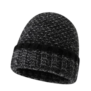 Close-up of thick knit beanie featuring grey-black mixed yarn and warm ribbed texture