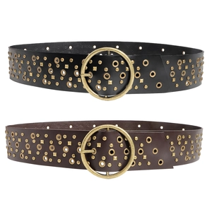 Retro faux leather belts in black and brown with gold studs and circular buckles