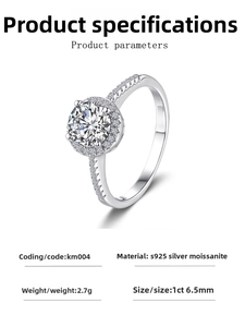 Macro detail of S925 silver halo moissanite ring with 1ct 6.5mm stone specifications