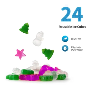 Falling multi-colored reusable plastic ice cubes with snowman and star shapes