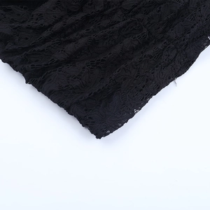 Detailed macro view of black lace fabric showing intricate crochet patterns and mesh structure