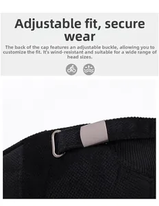 Close-up of adjustable silver metal buckle and knit fabric on a men winter baseball cap