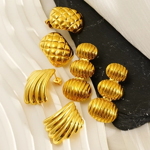 18k gold plated stainless steel earring set with striped square and shell patterns