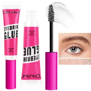 Macro shot of DNM transparent eyebrow gel brush with professional styling before and after results