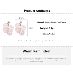 Detail view of pink shell petal earrings with dimensions and material specifications