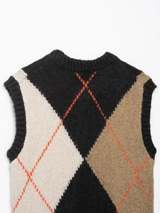 Close-up of Argyle pattern knit vest featuring premium stitching and ribbed V-neck detail