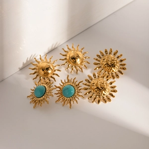 18k gold plated stainless steel sunflower earrings with inlaid turquoise stones