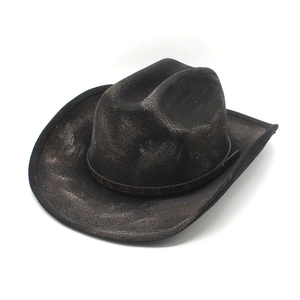 Vintage distressed charcoal western cowboy hat with wide brim and leather band detail