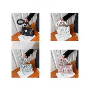 Detailed four-grid view showing textured ruched fabric colors and metal chain on bags
