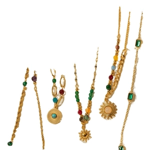 18K gold plated stainless steel necklace set with turquoise beads and colorful pendants