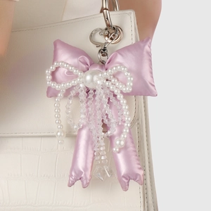 Satin Bow Keychain With Faux Artificial Pearl And Rhinestone Crystal Beads Bag Charm Sweet Style For Women Handbag Decoration
