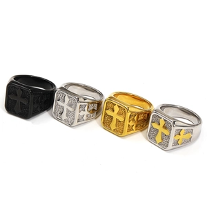 Retro stainless steel cross signet rings in black gold and silver with stone texture
