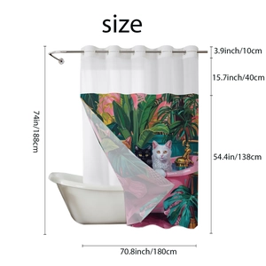 Detailed size specifications for double layer shower curtain with cats and plants pattern