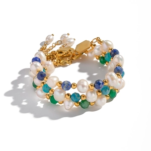 Bracelet multicouche rétro avec lapis-lazuli, agate verte et perles d'eau douce