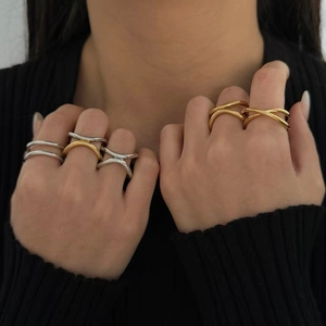 Geometric Cross Line Ring 304 Stainless Steel Minimalist Double Layer Hollow Fashion Jewelry For Men And Women