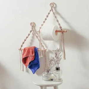 Bohemian handmade woven wall tissue holder with wooden rod for bathroom and kitchen decor