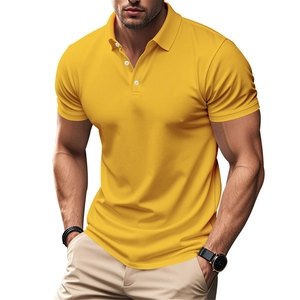 Detail of yellow polo shirt featuring classic ribbed collar and three-button placket