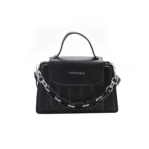 Classic black crossbody flap bag with chunky silver chain handle on white background