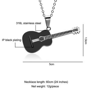 Minimalist guitar pendant necklace in black 316L stainless steel for men and women