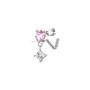 Piercing naso a L con zircone a cuore rosa, design a freccia e pendente in gemma bianca