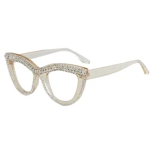 Cat eye rhinestone reading glasses with transparent champagne frame and crystal accents