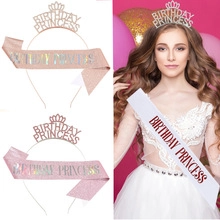 Detailed set of Birthday Princess rhinestone crown and glitter sash in rose gold and silver