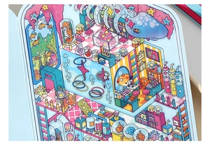 Detail of cartoon ocean laboratory PET sticker with seahorse and lab gear motifs