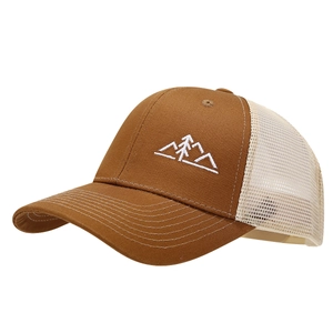 Brown and beige mesh trucker hat with white mountain peak and pine tree embroidery