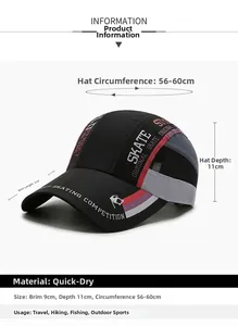 Detailed size chart of quick-dry baseball cap featuring 9cm brim and breathable mesh