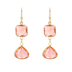 Elegant gold drop earrings with square and pear-shaped pink crystal pendants