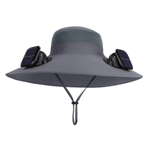 Chapeau solaire à double ventilateur gris foncé avec large bord et maille respirante