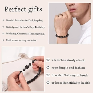 Men's natural black stone beaded bracelet with durable 7.5 inch elastic cord design
