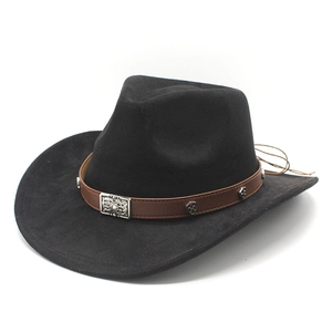 Detail of black felt cowboy hat with leather band and vintage silver metal buckle