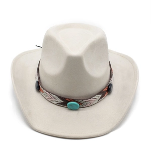 Detail of bohemian woven band with turquoise stone on cream suede wide brim hat