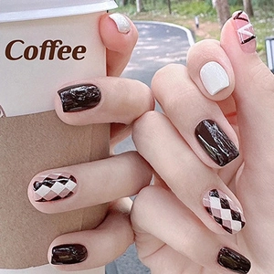 Press On Nails Glossy Brown White Argyle Pattern Square Round Shape Artificial Finger Nails With Glue For Women