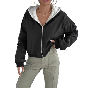 Close-up of black hooded pilot jacket featuring white plush lining and sleeve pocket detail