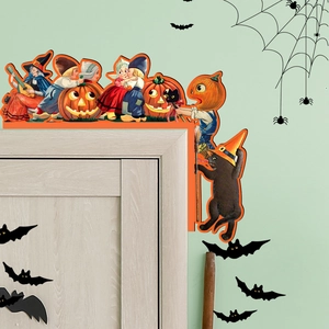 Retro Halloween wooden door corner decor featuring witches and pumpkins on frame