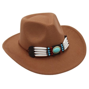 Detail of a brown wool felt cowboy hat featuring an ethnic turquoise beaded band