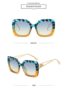 Details einer quadratischen Oversize-Sonnenbrille mit Metallbügeln und blauem Leopardenmuster