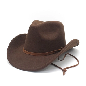 Classic dark brown felt cowboy hat with adjustable chin strap and teardrop crown style
