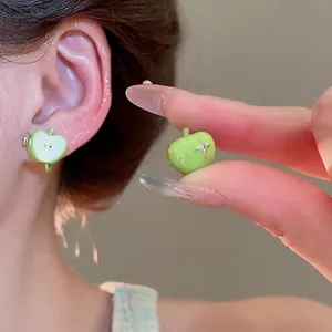 Green apple zircon stud earrings with sparkling star design and silver needles for women