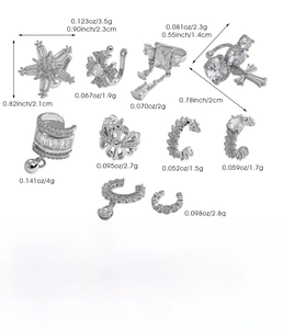 Detailed chart showing weights and dimensions of silver copper ear cuff set with zircons